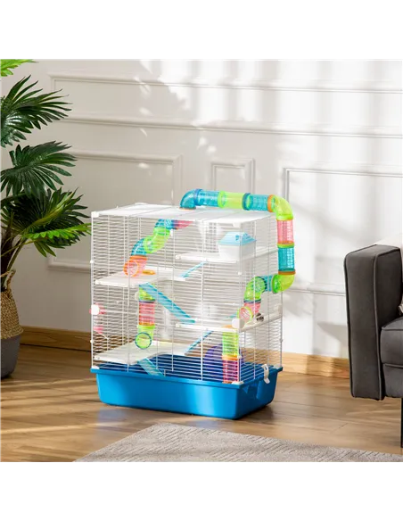 PawHut 5 Tier Hamster Cage, Gerbil Cage with Tube, Water Bottle, Exercise Wheel, Food Dish, 59L x 36W x 69H cm - Blue