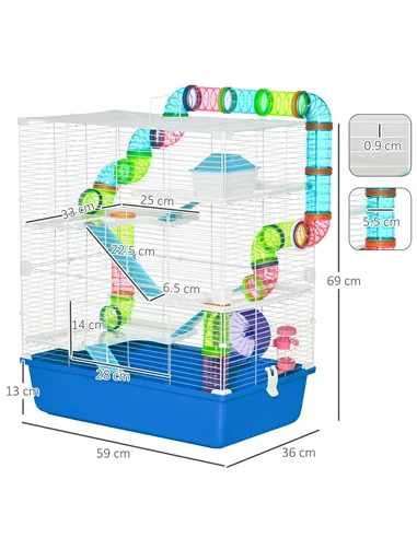 PawHut 5 Tier Hamster Cage, Gerbil Cage with Tube, Water Bottle, Exercise Wheel, Food Dish, 59L x 36W x 69H cm - Blue