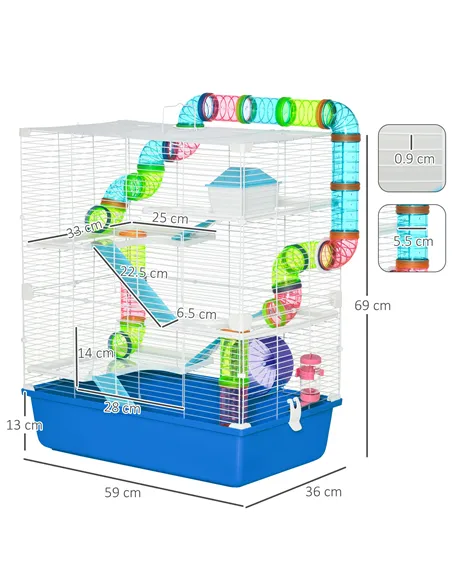 PawHut 5 Tier Hamster Cage, Gerbil Cage with Tube, Water Bottle, Exercise Wheel, Food Dish, 59L x 36W x 69H cm - Blue