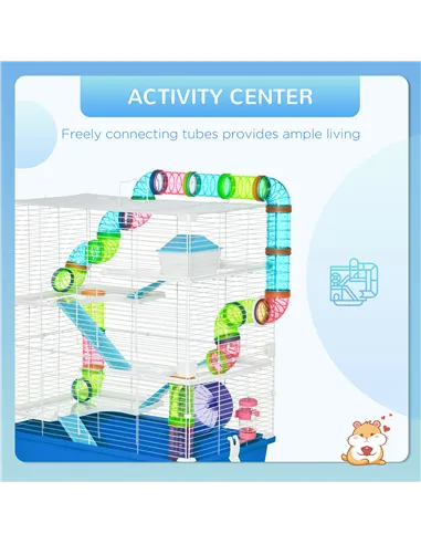 PawHut 5 Tier Hamster Cage, Gerbil Cage with Tube, Water Bottle, Exercise Wheel, Food Dish, 59L x 36W x 69H cm - Blue