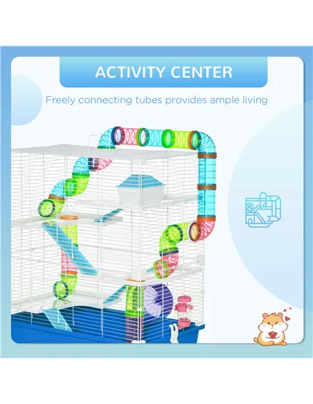 PawHut 5 Tier Hamster Cage, Gerbil Cage with Tube, Water Bottle, Exercise Wheel, Food Dish, 59L x 36W x 69H cm - Blue