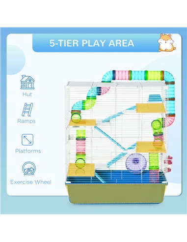 PawHut 5 Tier Hamster Cage, Gerbil Cage with Tube, Water Bottle, Exercise Wheel, Food Dish, 59L x 36W x 69H cm - Blue