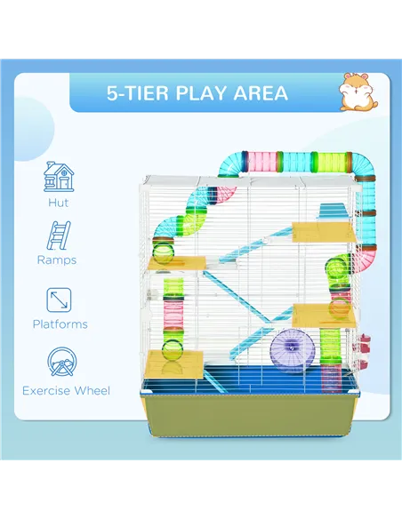 PawHut 5 Tier Hamster Cage, Gerbil Cage with Tube, Water Bottle, Exercise Wheel, Food Dish, 59L x 36W x 69H cm - Blue