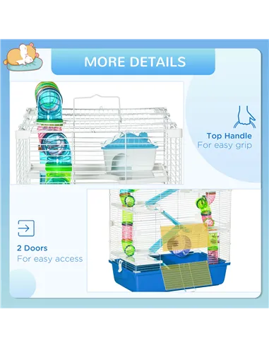 PawHut 5 Tier Hamster Cage, Gerbil Cage with Tube, Water Bottle, Exercise Wheel, Food Dish, 59L x 36W x 69H cm - Blue
