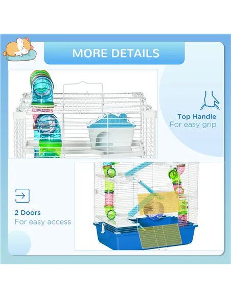 PawHut 5 Tier Hamster Cage, Gerbil Cage with Tube, Water Bottle, Exercise Wheel, Food Dish, 59L x 36W x 69H cm - Blue