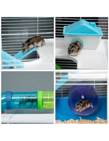 PawHut 5 Tier Hamster Cage, Gerbil Cage with Tube, Water Bottle, Exercise Wheel, Food Dish, 59L x 36W x 69H cm - Blue