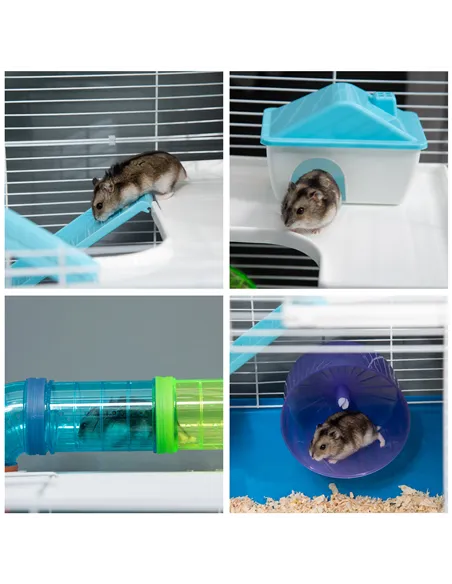 PawHut 5 Tier Hamster Cage, Gerbil Cage with Tube, Water Bottle, Exercise Wheel, Food Dish, 59L x 36W x 69H cm - Blue