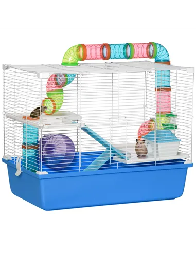 PawHut Hamster Cage, Gerbil Cage 3 Tier for Dwarf Hamster with Tube, Exercise Wheel, Water Bottle, Food Dish 59 x 36 x 47 cm- Bl