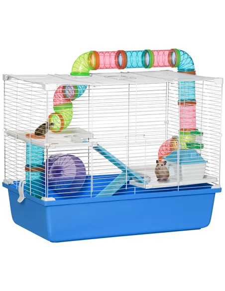 PawHut Hamster Cage, Gerbil Cage 3 Tier for Dwarf Hamster with Tube, Exercise Wheel, Water Bottle, Food Dish 59 x 36 x 47 cm- Bl