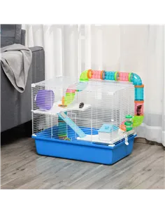 PawHut Hamster Cage, Gerbil Cage 3 Tier for Dwarf Hamster with Tube, Exercise Wheel, Water Bottle, Food Dish 59 x 36 x 47 cm- Bl 2