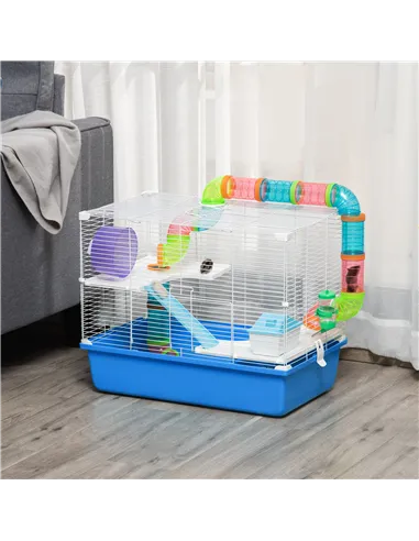 PawHut Hamster Cage, Gerbil Cage 3 Tier for Dwarf Hamster with Tube, Exercise Wheel, Water Bottle, Food Dish 59 x 36 x 47 cm- Bl