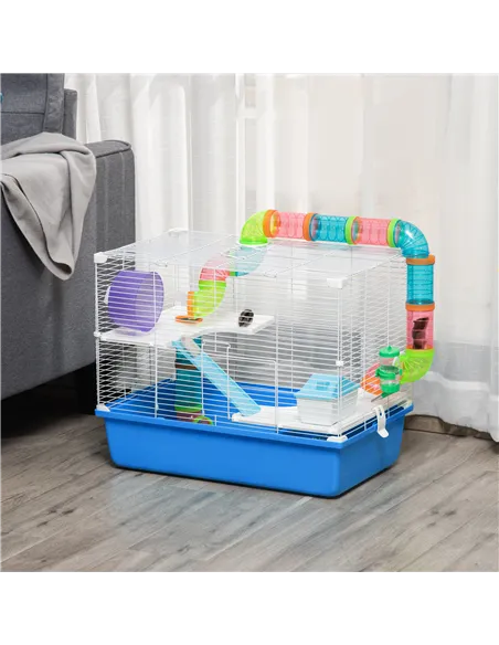 PawHut Hamster Cage, Gerbil Cage 3 Tier for Dwarf Hamster with Tube, Exercise Wheel, Water Bottle, Food Dish 59 x 36 x 47 cm- Bl