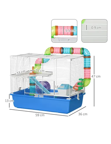 PawHut Hamster Cage, Gerbil Cage 3 Tier for Dwarf Hamster with Tube, Exercise Wheel, Water Bottle, Food Dish 59 x 36 x 47 cm- Bl
