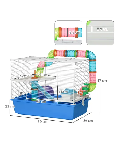 PawHut Hamster Cage, Gerbil Cage 3 Tier for Dwarf Hamster with Tube, Exercise Wheel, Water Bottle, Food Dish 59 x 36 x 47 cm- Bl