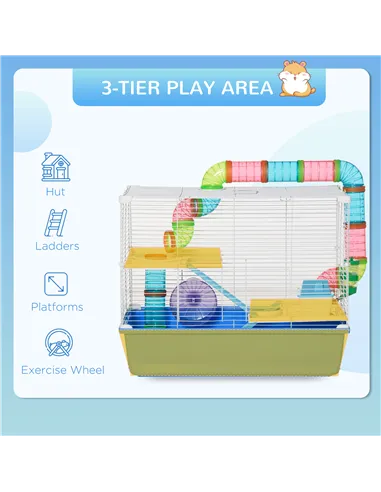 PawHut Hamster Cage, Gerbil Cage 3 Tier for Dwarf Hamster with Tube, Exercise Wheel, Water Bottle, Food Dish 59 x 36 x 47 cm- Bl