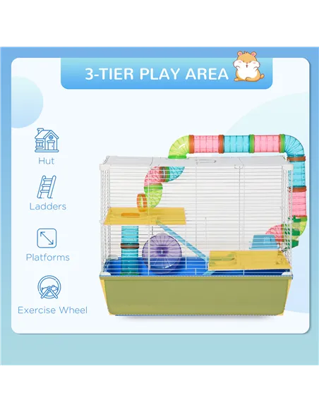 PawHut Hamster Cage, Gerbil Cage 3 Tier for Dwarf Hamster with Tube, Exercise Wheel, Water Bottle, Food Dish 59 x 36 x 47 cm- Bl