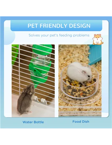 PawHut Hamster Cage, Gerbil Cage 3 Tier for Dwarf Hamster with Tube, Exercise Wheel, Water Bottle, Food Dish 59 x 36 x 47 cm- Bl