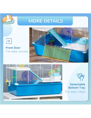 PawHut Hamster Cage, Gerbil Cage 3 Tier for Dwarf Hamster with Tube, Exercise Wheel, Water Bottle, Food Dish 59 x 36 x 47 cm- Bl