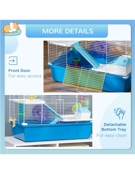 PawHut Hamster Cage, Gerbil Cage 3 Tier for Dwarf Hamster with Tube, Exercise Wheel, Water Bottle, Food Dish 59 x 36 x 47 cm- Bl