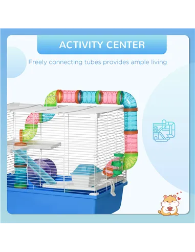 PawHut Hamster Cage, Gerbil Cage 3 Tier for Dwarf Hamster with Tube, Exercise Wheel, Water Bottle, Food Dish 59 x 36 x 47 cm- Bl