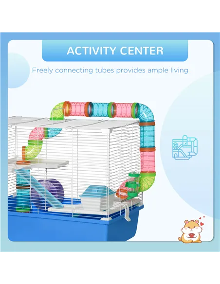 PawHut Hamster Cage, Gerbil Cage 3 Tier for Dwarf Hamster with Tube, Exercise Wheel, Water Bottle, Food Dish 59 x 36 x 47 cm- Bl