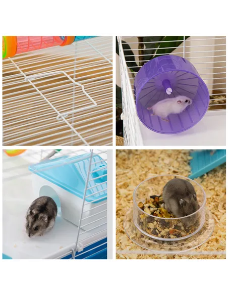 PawHut Hamster Cage, Gerbil Cage 3 Tier for Dwarf Hamster with Tube, Exercise Wheel, Water Bottle, Food Dish 59 x 36 x 47 cm- Bl