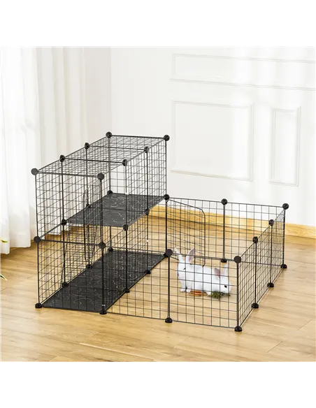 PawHut Pet Playpen w/ Door Customisable Fence for Guinea Pigs Chinchillas Hedgehogs - Black