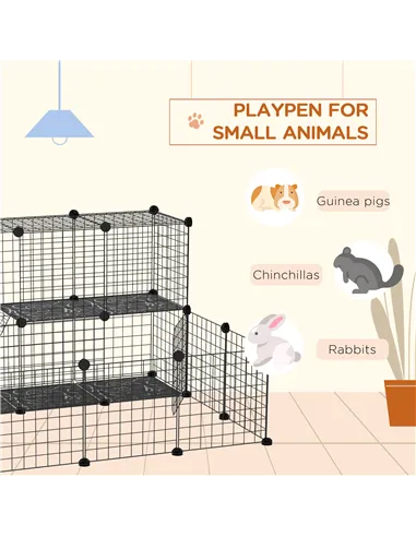 PawHut Pet Playpen w/ Door Customisable Fence for Guinea Pigs Chinchillas Hedgehogs - Black