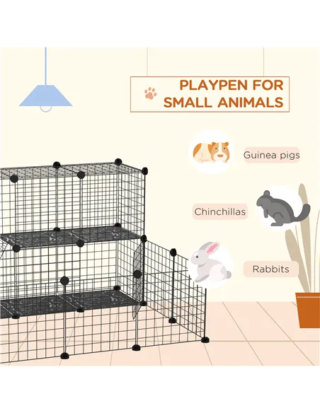 PawHut Pet Playpen w/ Door Customisable Fence for Guinea Pigs Chinchillas Hedgehogs - Black