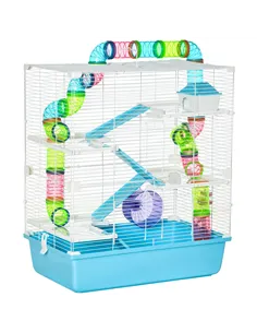 PawHut Hamster Cage w/ Water Bottle, Exercise Wheel, Tubes, Ramps - Light Blue