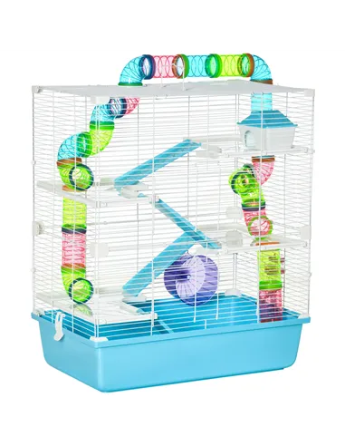 PawHut Hamster Cage w/ Water Bottle, Exercise Wheel, Tubes, Ramps - Light Blue