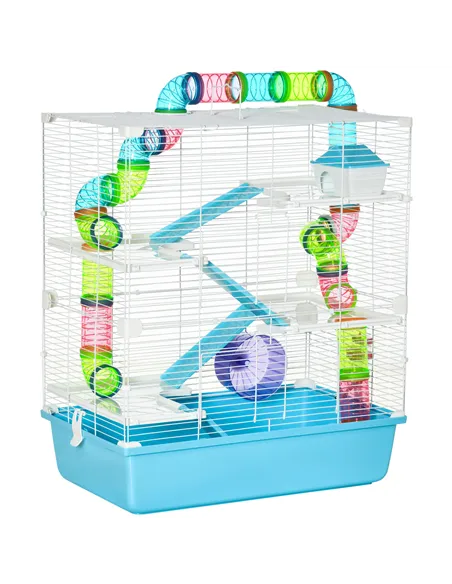 PawHut Hamster Cage w/ Water Bottle, Exercise Wheel, Tubes, Ramps - Light Blue