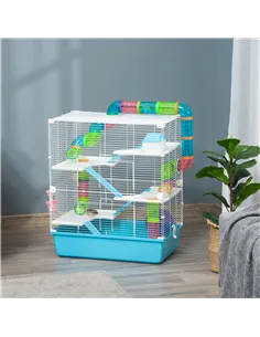 PawHut Hamster Cage w/ Water Bottle, Exercise Wheel, Tubes, Ramps - Light Blue 2