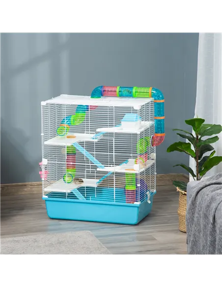 PawHut Hamster Cage w/ Water Bottle, Exercise Wheel, Tubes, Ramps - Light Blue