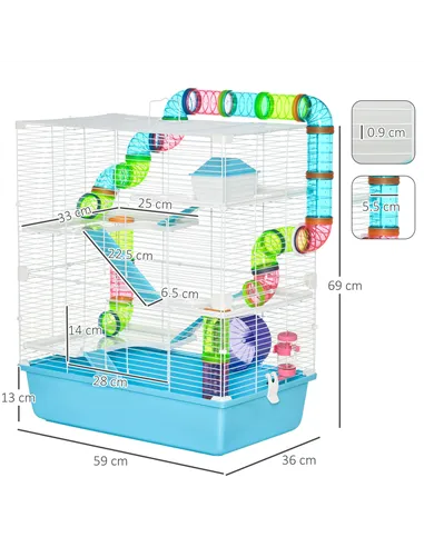 PawHut Hamster Cage w/ Water Bottle, Exercise Wheel, Tubes, Ramps - Light Blue
