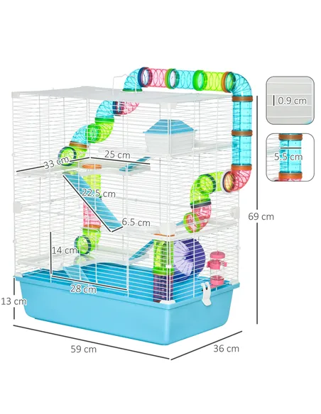 PawHut Hamster Cage w/ Water Bottle, Exercise Wheel, Tubes, Ramps - Light Blue