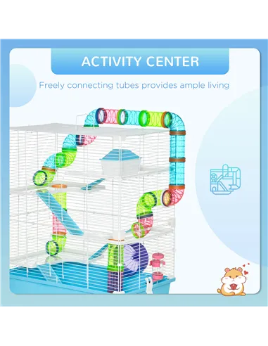 PawHut Hamster Cage w/ Water Bottle, Exercise Wheel, Tubes, Ramps - Light Blue