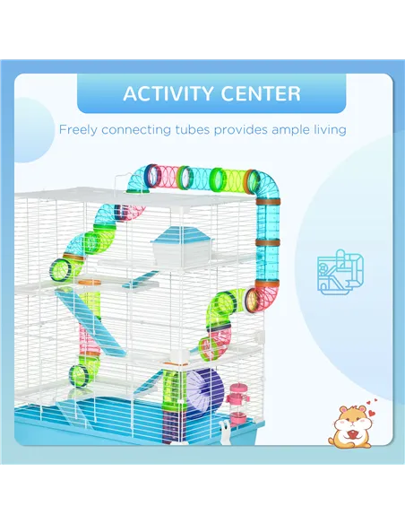 PawHut Hamster Cage w/ Water Bottle, Exercise Wheel, Tubes, Ramps - Light Blue