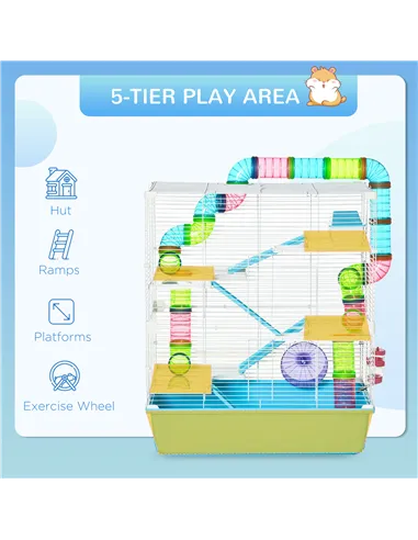 PawHut Hamster Cage w/ Water Bottle, Exercise Wheel, Tubes, Ramps - Light Blue