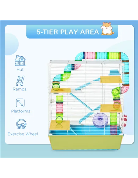 PawHut Hamster Cage w/ Water Bottle, Exercise Wheel, Tubes, Ramps - Light Blue