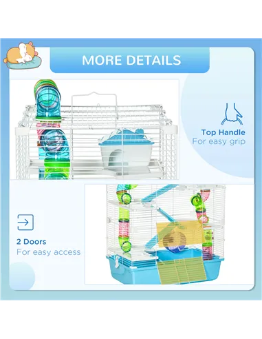 PawHut Hamster Cage w/ Water Bottle, Exercise Wheel, Tubes, Ramps - Light Blue