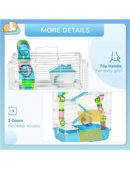 PawHut Hamster Cage w/ Water Bottle, Exercise Wheel, Tubes, Ramps - Light Blue