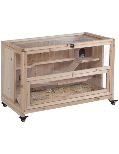 PawHut Wooden Hamster Cage, Mice Rodent Small Animals Kit Hutch, 3 Tiers Exercise Play House, with Wheels, Bottom Tray, 99 x 50 