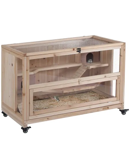 PawHut Wooden Hamster Cage, Mice Rodent Small Animals Kit Hutch, 3 Tiers Exercise Play House, with Wheels, Bottom Tray, 99 x 50 
