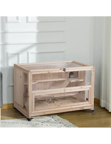 PawHut Wooden Hamster Cage, Mice Rodent Small Animals Kit Hutch, 3 Tiers Exercise Play House, with Wheels, Bottom Tray, 99 x 50 