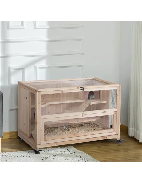 PawHut Wooden Hamster Cage, Mice Rodent Small Animals Kit Hutch, 3 Tiers Exercise Play House, with Wheels, Bottom Tray, 99 x 50 