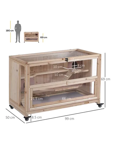 PawHut Wooden Hamster Cage, Mice Rodent Small Animals Kit Hutch, 3 Tiers Exercise Play House, with Wheels, Bottom Tray, 99 x 50 