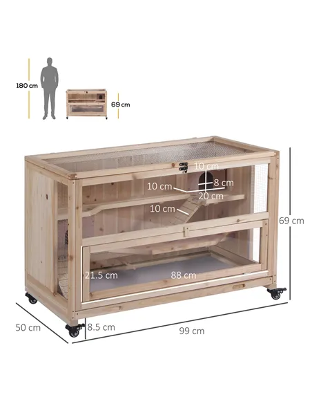 PawHut Wooden Hamster Cage, Mice Rodent Small Animals Kit Hutch, 3 Tiers Exercise Play House, with Wheels, Bottom Tray, 99 x 50 