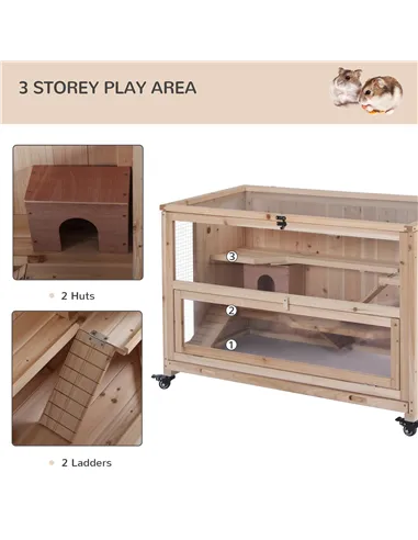 PawHut Wooden Hamster Cage, Mice Rodent Small Animals Kit Hutch, 3 Tiers Exercise Play House, with Wheels, Bottom Tray, 99 x 50 