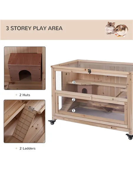 PawHut Wooden Hamster Cage, Mice Rodent Small Animals Kit Hutch, 3 Tiers Exercise Play House, with Wheels, Bottom Tray, 99 x 50 